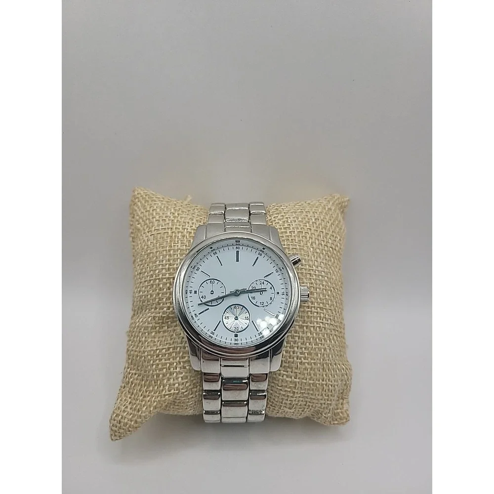 Vintage Silver Tone Chronogragh‎ Style Quartz Watch Metal Link Bracelet